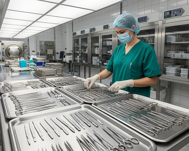 Sterile processing staff organizing surgical instruments